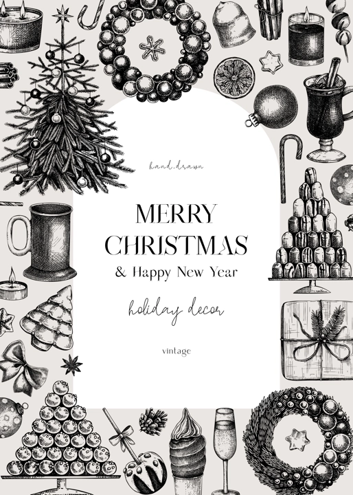 Christmas card design. Hand drawn vector illustration. Winter holiday background. Christmas tree decoration, Christmas wreath, hot dinks, sweets and gift sketches. Vintage template